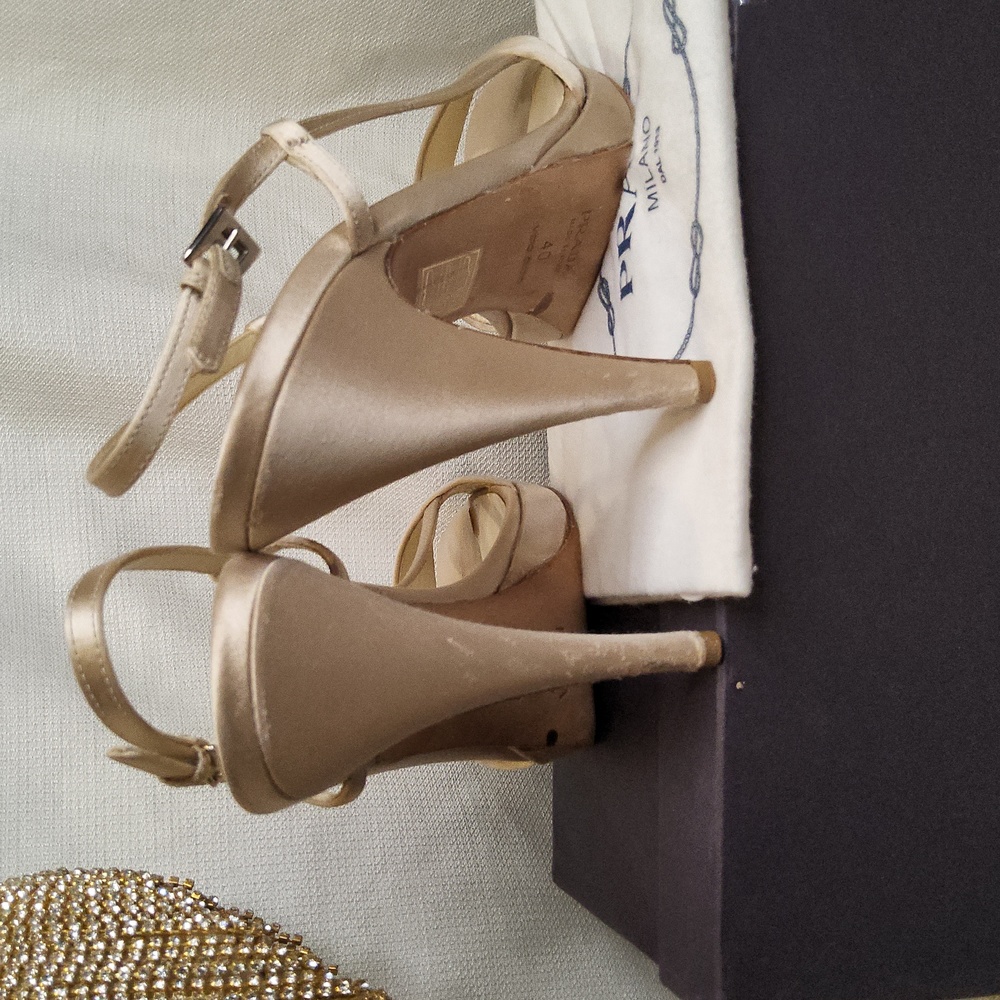 Prada Raso Sabbia champagne satin platform peep toe sandals pumps heels shoes - Picture 5 of 9